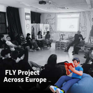 Picture of young people learning with the title Fly project across Europe.